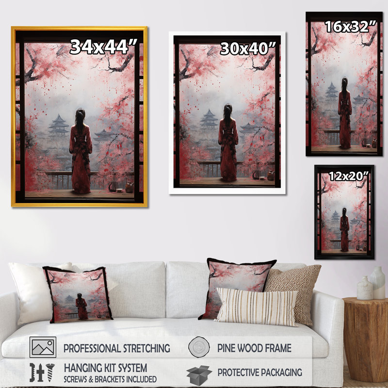Rose, Japon, vue de fenêtre, femme I - Japon, art mural, Cadre photo doré simple, H 32 po x l 16 po x P 1 po