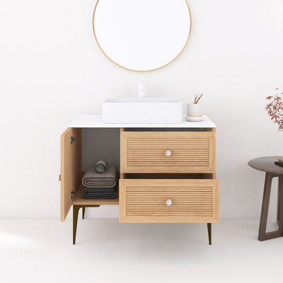 Meuble-lavabo de 36 po avec lavabo, armoire de rangement autoportante en contreplaqué avec 4 pieds en métal, une porte et 2 tiroirs, lavabo rectangulaire en céramique blanche, sans robinet, pré-assemblé, couleur grain de bois de chêne