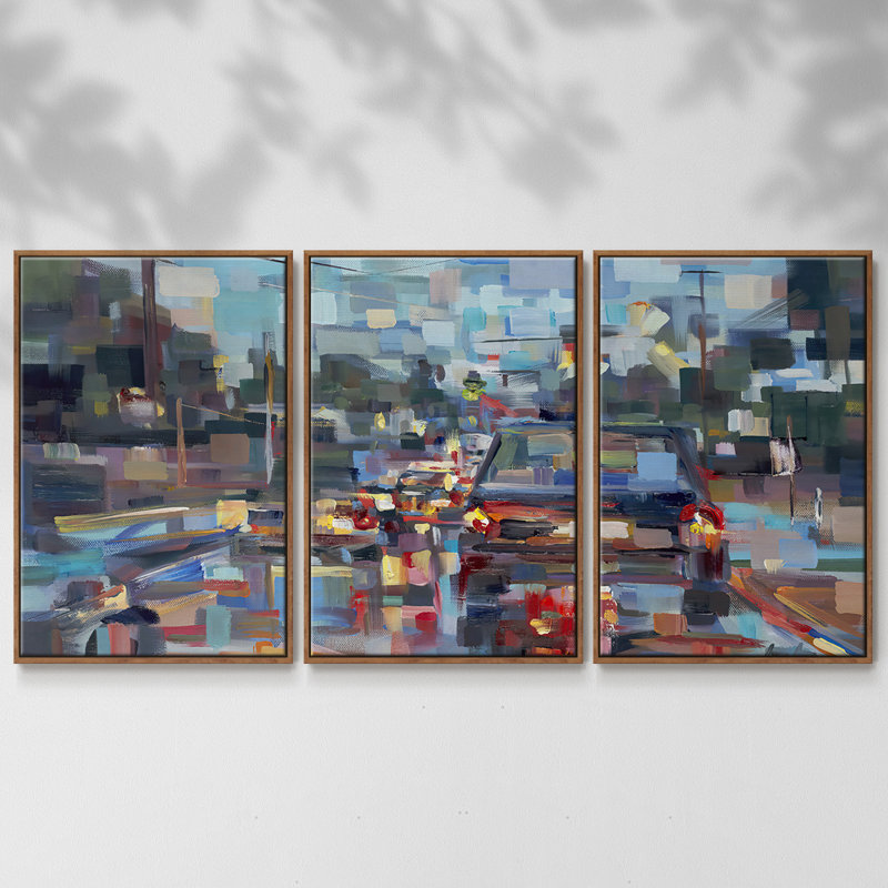 Red circulation encadrée sur toile 3 pièces, H 24 po x l 48 po x P 2 po, Noyer