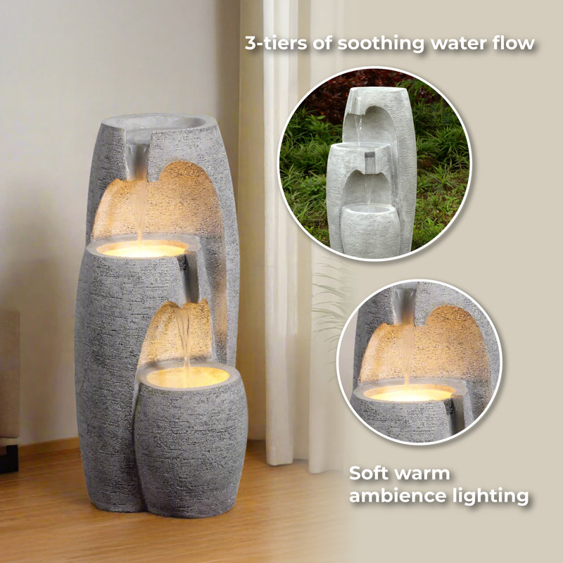 3-Tier Cascading Urn Outdoor Water Fountain with LED Lighting, Adjustable Flow, and Weather-Resistant Design, Gray