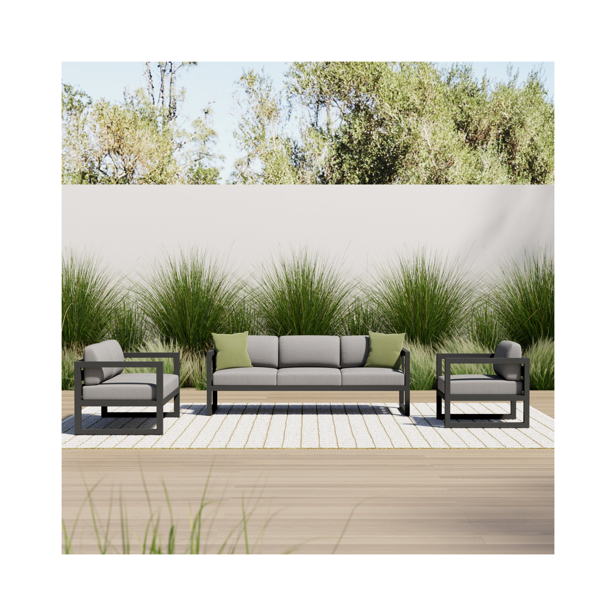 Smith 3 Piece Sofa Seating Group with Sunbrella® Cushions, Cast Silver, Slate
