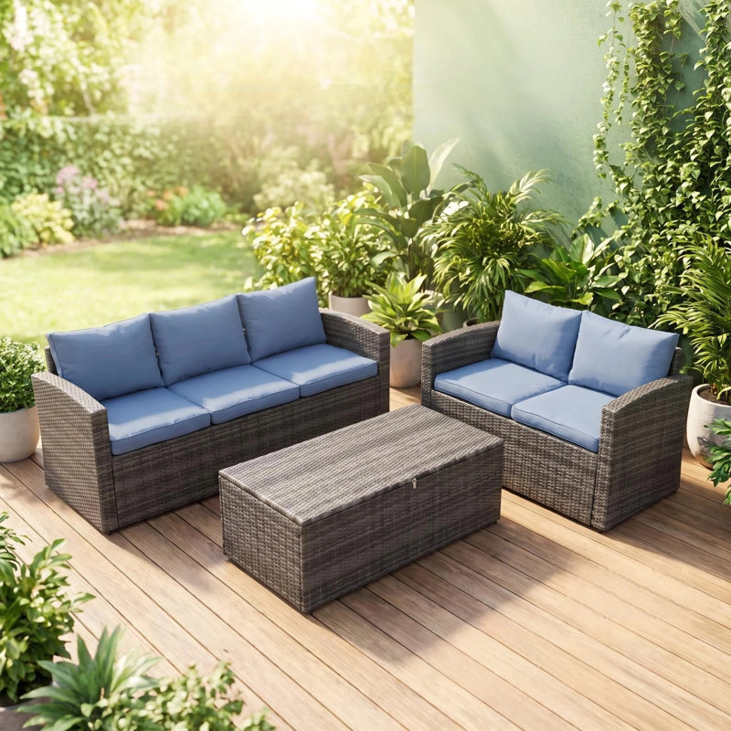 Ensemble de conversation d'extérieur en osier pour 5 personnes avec coussins et rangement Arlington, Blue