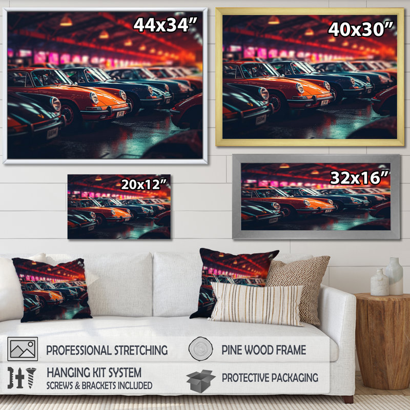 «Classic German Car Harmony», art mural rétro sur toile, Cadre doré à une seule photo, H 16 po x l 32 po x P 1 po