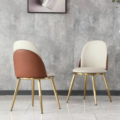 2Pcs Dining Chairs, Beige Pu Leather Upholstery, Stainless Steel Frame For Room Modern 2 Leather, Stable Metal Framework