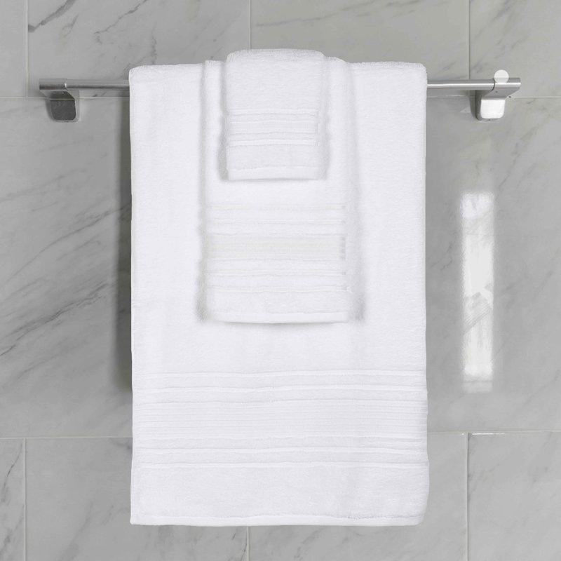 Ensemble de serviettes en coton uni et jacquard Sadie Zero Twist, Ensemble de serviettes - 3 pièces, Blanc, À rayures