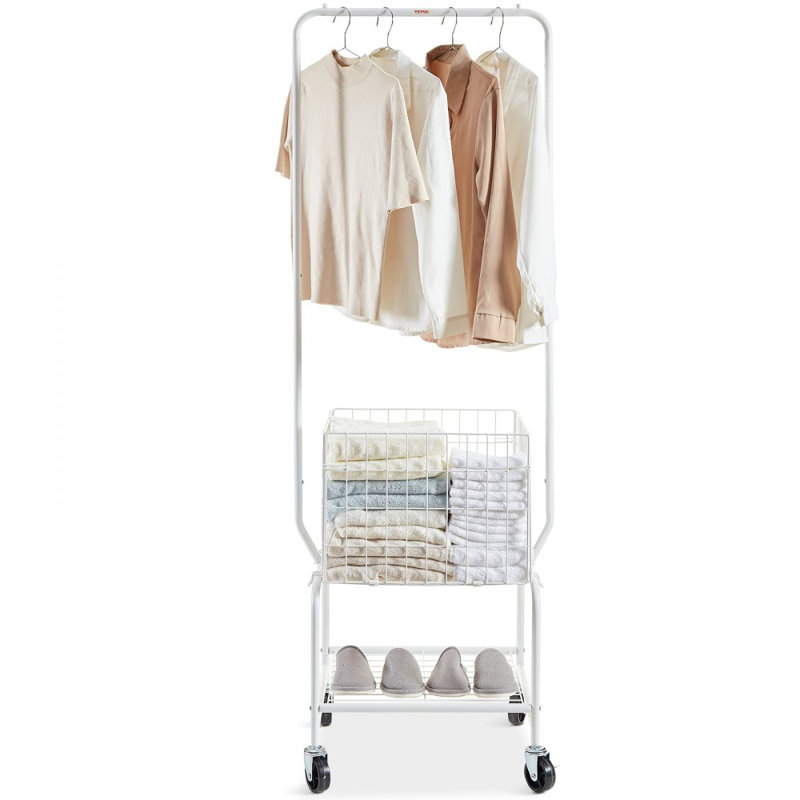 Panier à linge roulant en métal avec support à vêtements suspendu