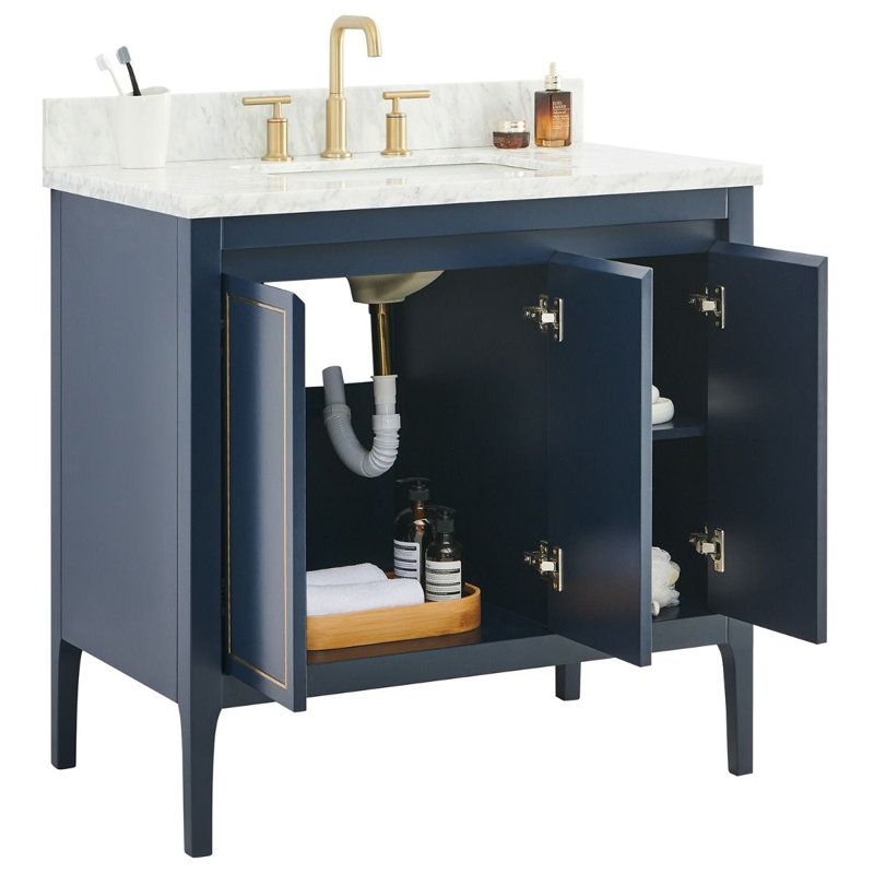 36'' Single Bathroom Vanity with Carrara Marble Top, Navy