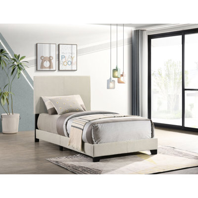 Lit à panneau simple tapissier crème, tête de lit rembourrée pour une charmante chambre à coucher, structure en bois d'hévéa et en bois d'ingénierie, pieds noirs massifs, décoration de chambre à coucher, look transitionnel, lit avec sommier tapissier