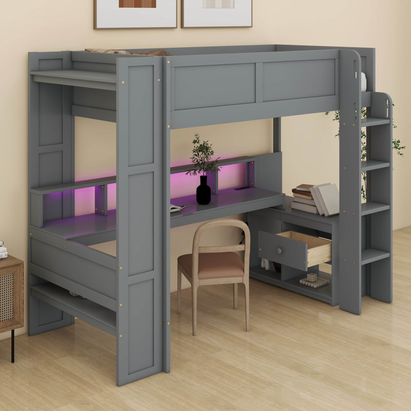 Lit mezzanine avec bureau et station de charge Lit mezzanine en bois massif avec tablettes de rangement et DEL, Lit simple