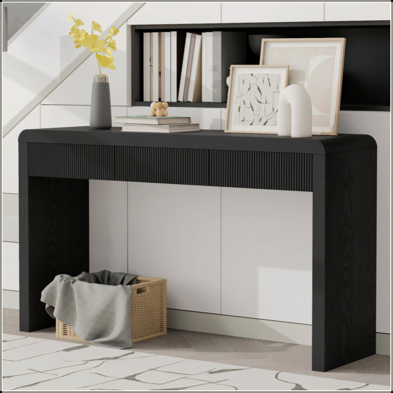 Console rustique avec 3 tiroirs cannelés - Table d'entrée en placage de bois massif avec grain de bois naturel pour le salon, le couloir