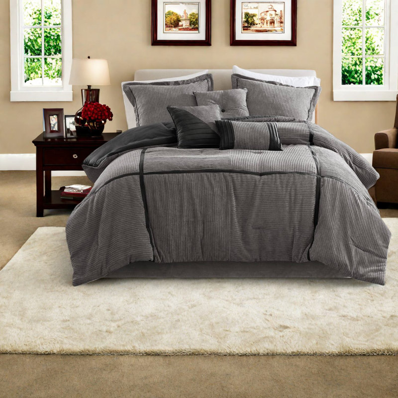 Ensemble de literie luxueuse 7 pièces, polyester micro velours côtelé, élégance gris moderne