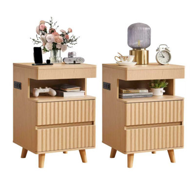 Fluted Wood LED Nightstand With 2 Drawers And Open Shelf