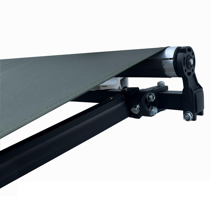 Motorized Retractable Patio Awning- Black Frame, 12' W x 10' D, Charcoal Gray, Solid Color
