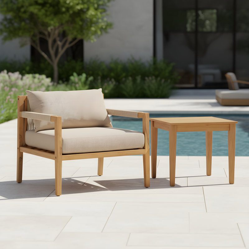 Ensemble de conversation d'extérieur 2 pièces en bois d'acacia avec corde tissée et coussins Larry, 2 pièces: table, chaise