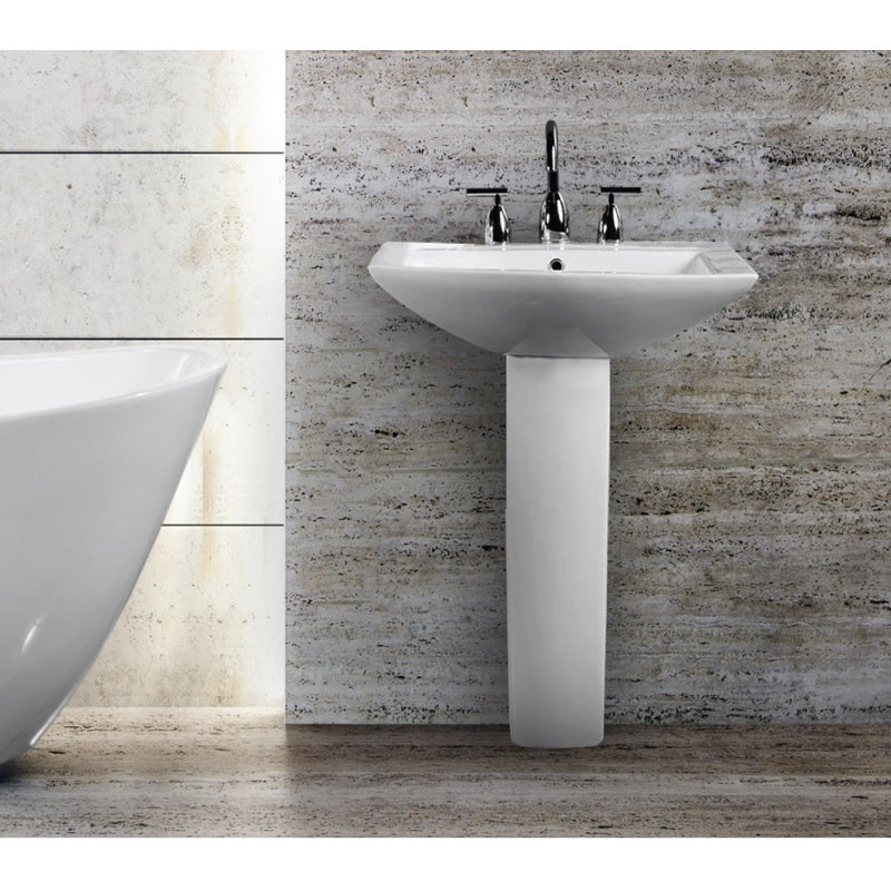 26" Tall White Vitreous China Oval Pedestal Bathroom Sink with Overflow, 8" Centers
