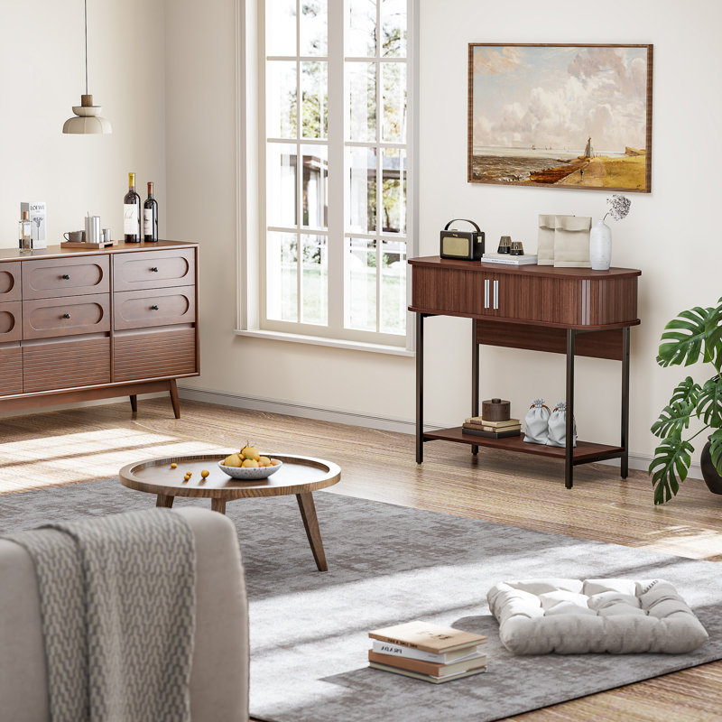 Fluted Entryway Table, 39.4" Narrow Console Table with Storage & Sliding Doors, Modern Round Corner Sofa Table, Mid Century Wooden Entry Table for Living Room, Hallway, Kitchen