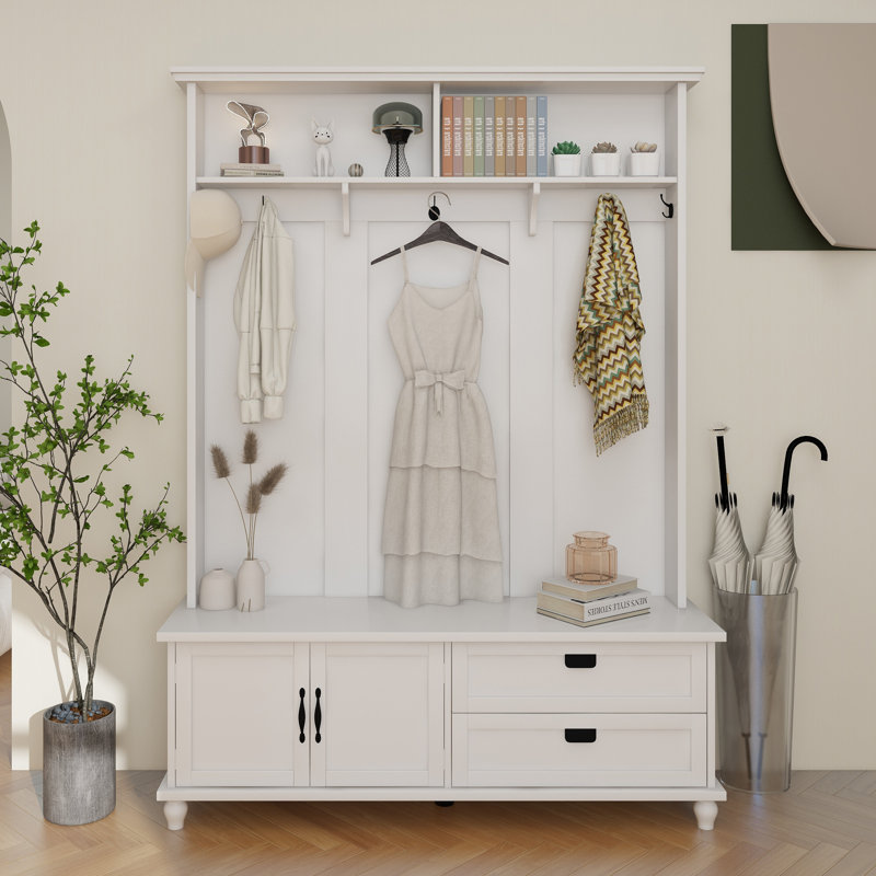 Cardarius Hall Tree 59'' Wide with Bench, White