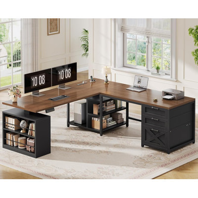 L Shaped Electric Standing Desk with 3 Drawers, 63" Height Adjustable, Convertible 2 Person Desk for Office and Gaming, Brown and White