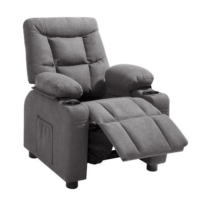 Fauteuil inclinable pour enfants, chaise longue pour enfant avec porte-gobelets et poches, dossier réglable de 107 ° à 126 °, canapé inclinable en polyester respirant avec repose-pieds, pour garçons et filles, enfants (gris)