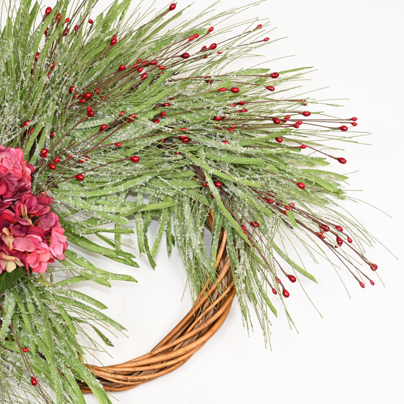 Couronne de fleurs artificielle 24 po Frozon Herbe de baies rouges hortensia pour porte d'entrée décorations de Noël
