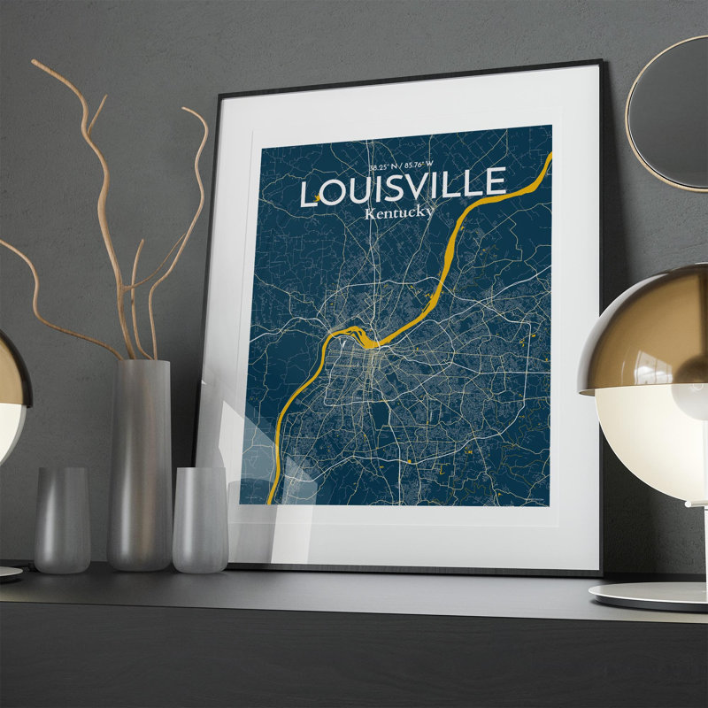 «Louisville City Map», impression, H 20 po x l 16 po, Bleu / Jaune