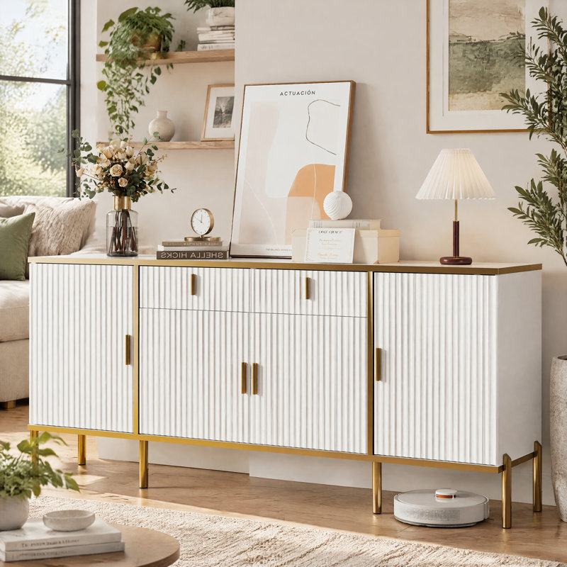 60" Modern Fluted Sideboard Buffet, White & Gold Accent Cabinet with Pop-Up Doors and Adjustable Shelves for Entryway, Living Room and Hallway