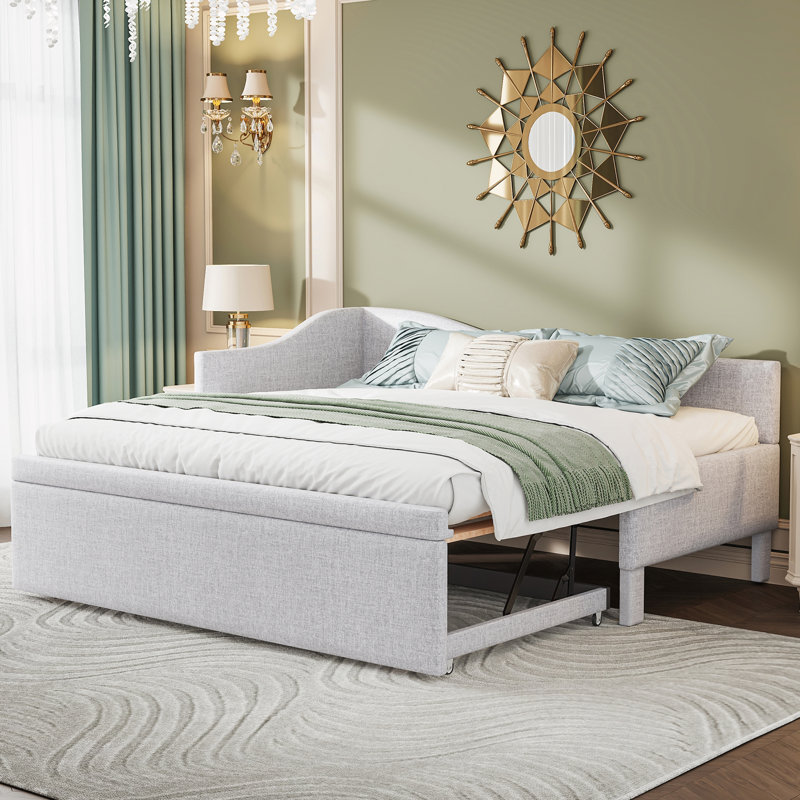 Twin Size Upholstered L-Shaped Upholstered Daybed with Pop Up Trundle, Beige