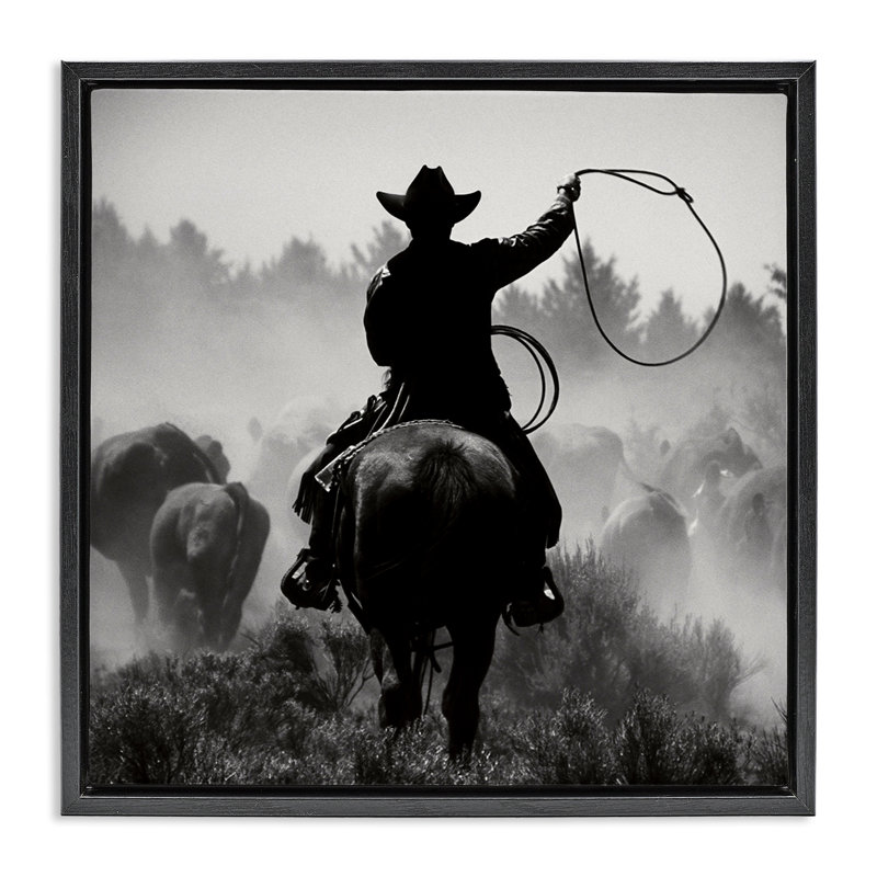 «Cowboy Swinging Lasso», toile encadrée flottante dorée par Danita Delimont, Cadre flottant noir de jais, H 18 po x l 18 po