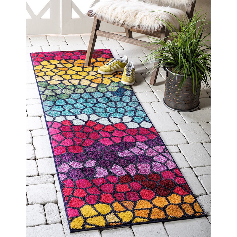 Tapis rose / jaune / bleu Jesusa, Tapis de couloir 2 pi 7 po x 10 pi