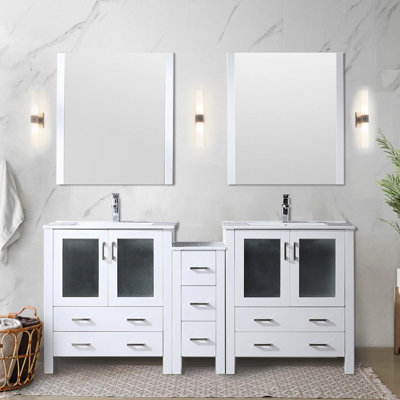 Meuble-lavabo double blanc de 72 po L x 18,25 po P avec armoire latérale, comptoir en céramique, cadre en bois massif, fermeture amortie, deux armoires intérieures et sept tiroirs pour un grand espace de rangement, surface résistante aux égratignures et aux taches, prépeint -