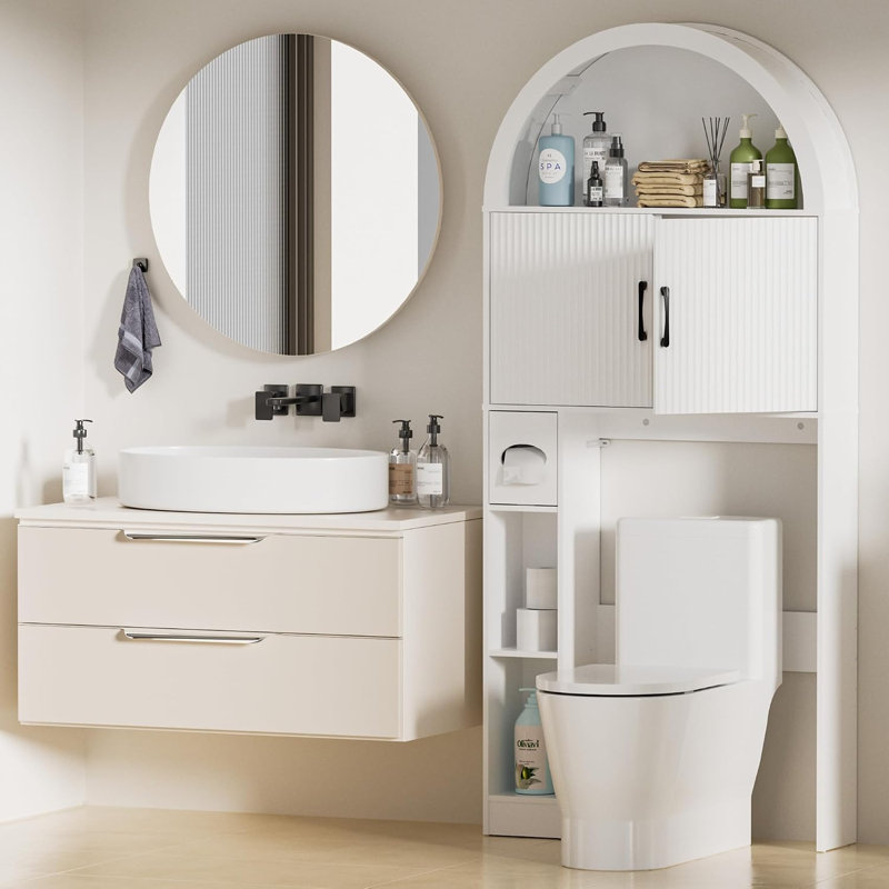 Armoire de rangement au-dessus de la toilette AHB, organisateur de salle de bain autoportant avec tablette réglable et dispositif anti-basculement, armoire arquée avec portes, rangement de toilette peu encombrant pour la salle de bain, buanderie, mini b