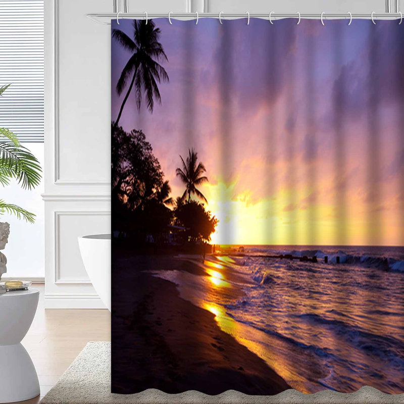 Hawaii Tropical Beach Sunset Palm Tree Shower Curtain with 12 Hooks, 72" L x 78" W
