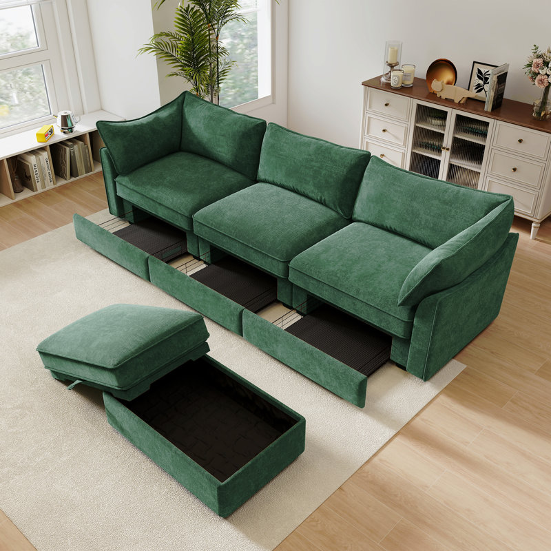 Canapé modulaire en L à 3 places, canapé 3 places avec 1 repose-pieds mobile, siège en T, confortable, large et profond, vert chenille
