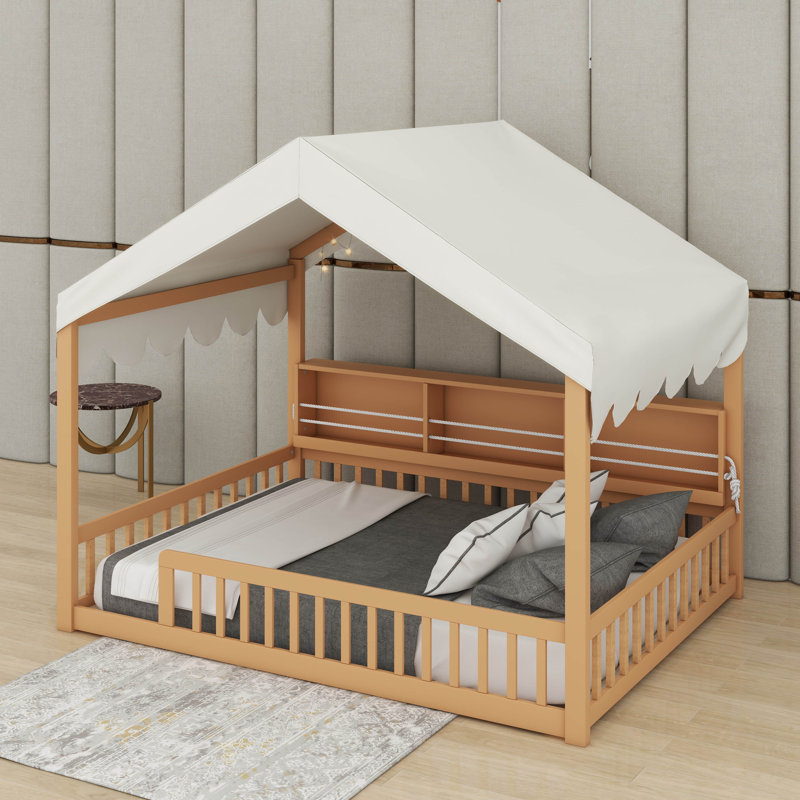 Full Size Wooden Floor Bed With Fense,3 Storage Bookshelves,Curtain And LED Light, Natural/Beige