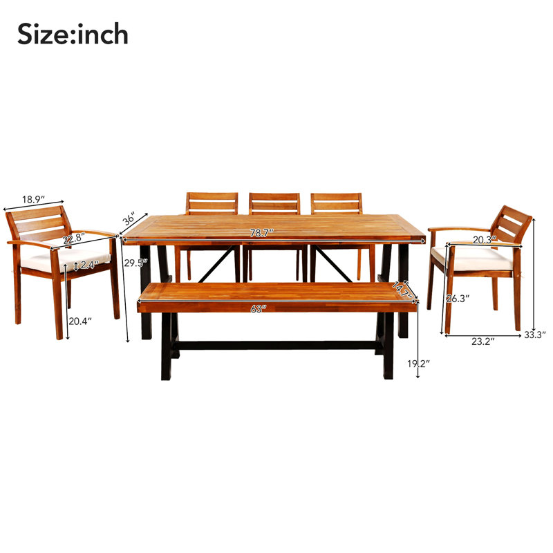 Classical Outdoor Dining Furniture With Cushions, Ergonomic Chairs And Bench