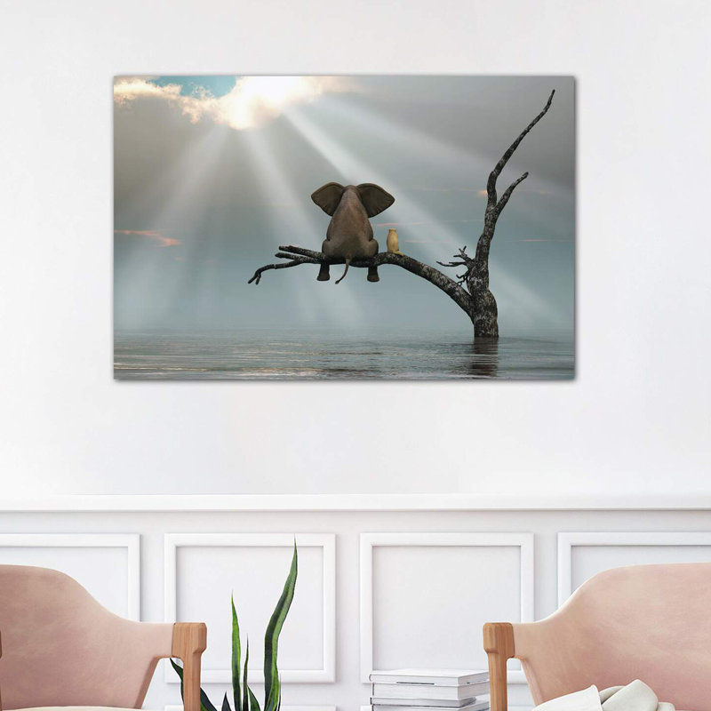 Elephant And Dog Are Sitting On A Tree Fleeing A Flood by Mike Kiev - Wrapped Canvas Print