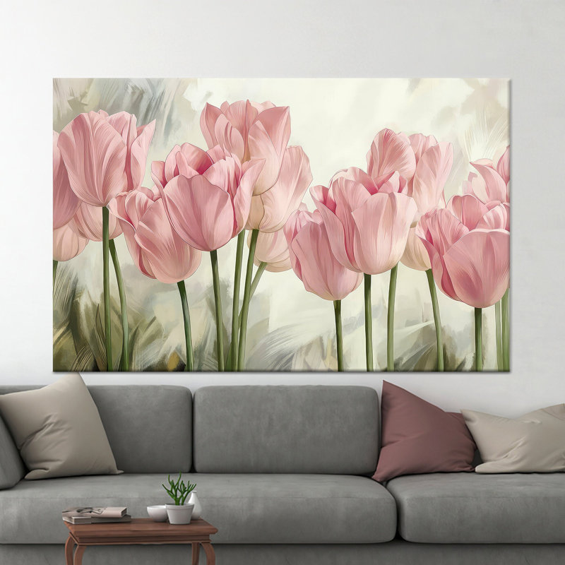 Imprimé de tulipes roses sur toile: art mural floral moderne et élégant, 1P encadrée d'or, H : 63,1 x L : 102,4 pouces