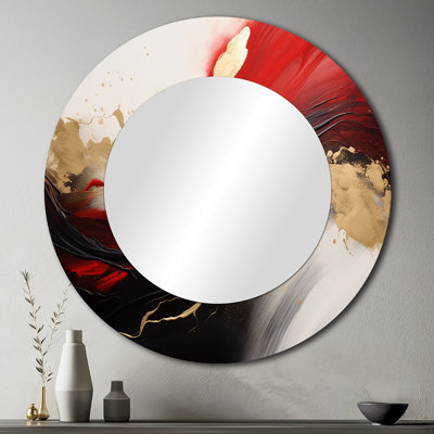 Midnight Passion Abstract Wave Scarlet & Gold II - Miroir mural décoratif rond moderne, impression métallique