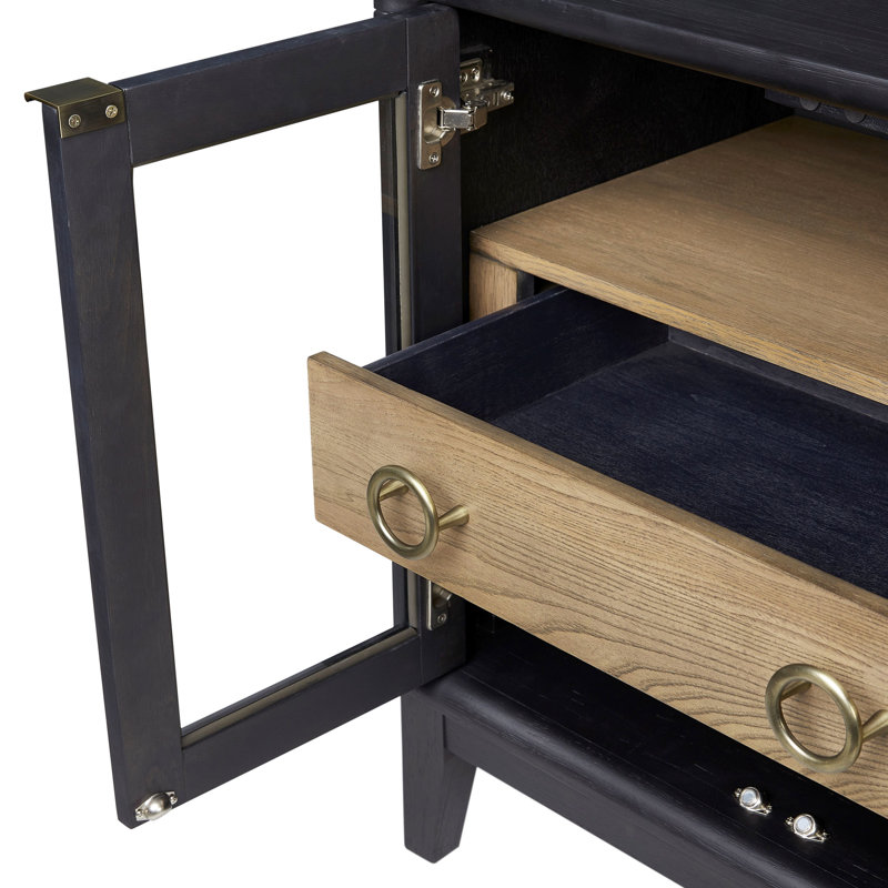 Table de chevet en bois massif avec 1 tiroir de rangement et portes en verre trempé en mélange de grains de poivre, 84,07 lb, 30,25 po Hauteur avec portes, finition mélangée, l 28,05 po x lb