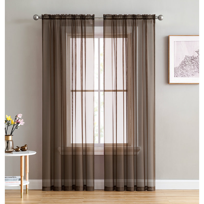 Daxin Sheer Voile Rod Pocket Curtain Panels, Chocolate Brown, 54" W x 63" L