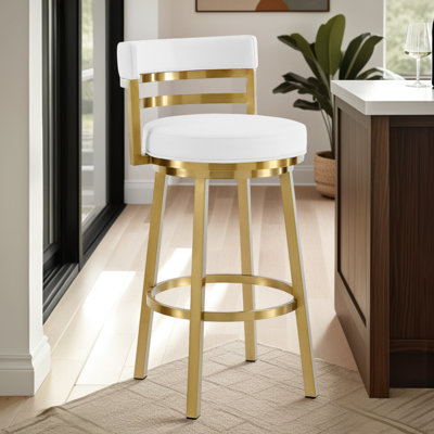 Deherrera Modern Swivel Counter or Bar Stool with Open Low Back and Footrest in Metal and Faux Leather