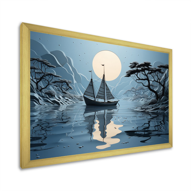 Collage de bateau bleu - impression, H 16 po x l 32 po x P 1 po, Encadrement doré
