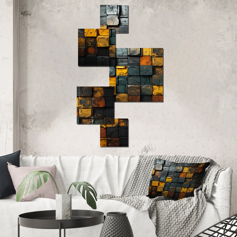 Cubes dorés abstraits géométriques I - ensemble d'art mural carré géométrique de 5