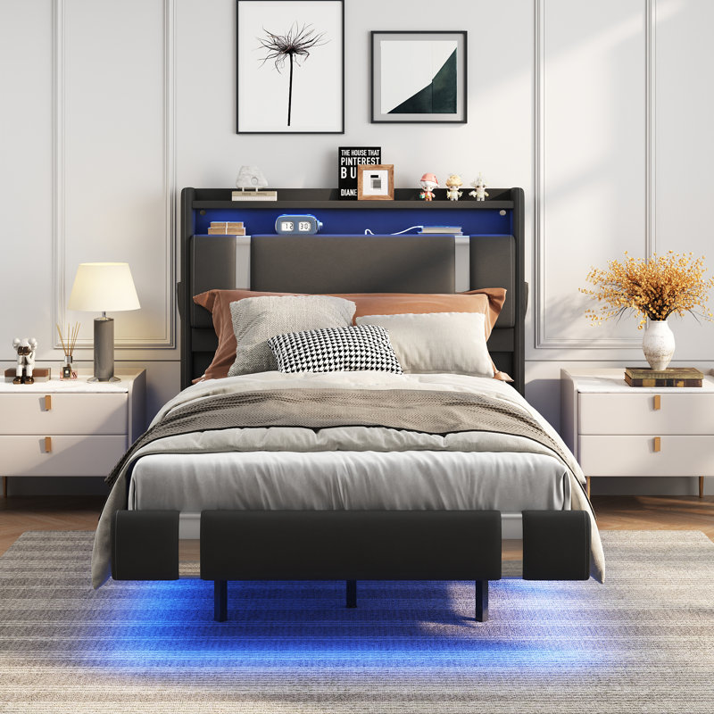 Upholstered Bed Frame With Headboard, Platform Bed With And Charging Station Storage & Led Light, Black, King