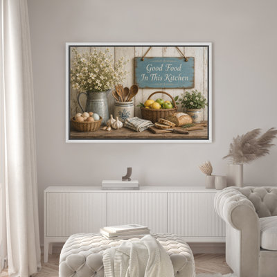 «Good Food In This Kitchen Rustic Farmhouse Kitchen Decor», reproduction d'art sur toile encadrée