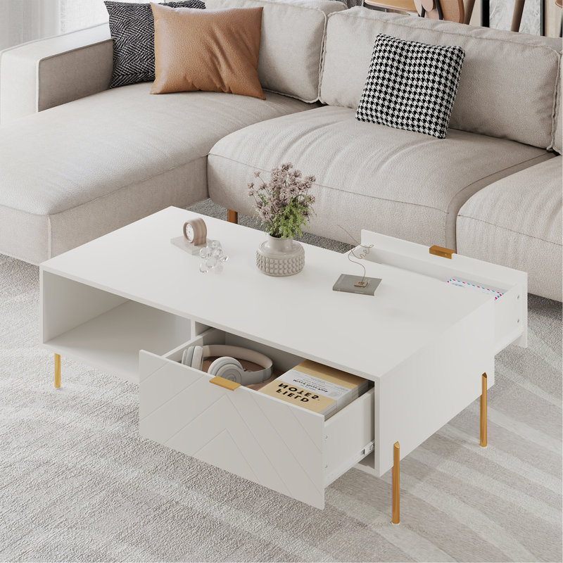 Table basse Mid-Century moderne avec tiroirs doubles (blanc)