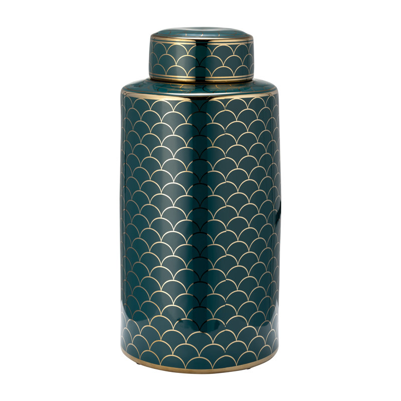 Stoneware Ceramic Decorative Jar with Scalloped Motif and Removable Lid Glam Style Highlighted by Metallic Accents and Gloss Glaze for Display and Storage in Interior Design Arrangements
