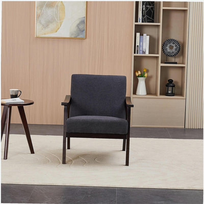 Fauteuil moderne d'inspiration médiévale avec dossier rembourré (noir antique), pieds en bois massif, chaise de lecture de loisir convenant au salon ou à la chambre à coucher.