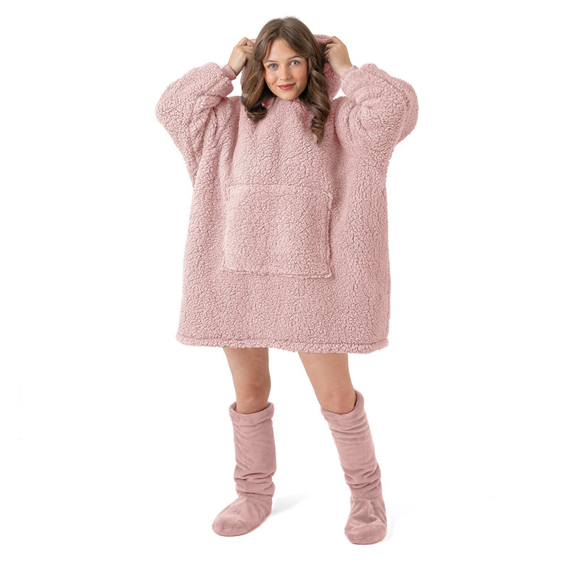 Merlee Velosso Snug Oversize Teddy Soft Hoodie Blanket Thermal Cosy with Pocket, Pink