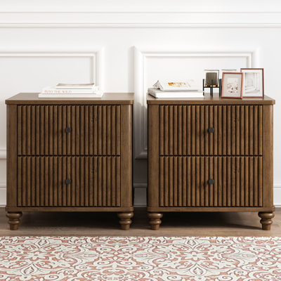 Devon Fluted Wooden Nightstand with 3 Drawers & Metal Handles